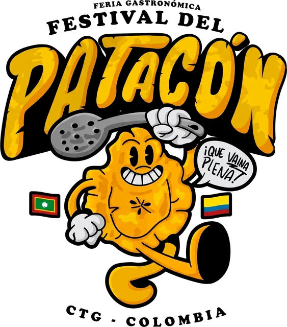 Mascota del Festival del Patacón: un patacón sonriente con una espumadera que dice «¡Qué vaina plena!»